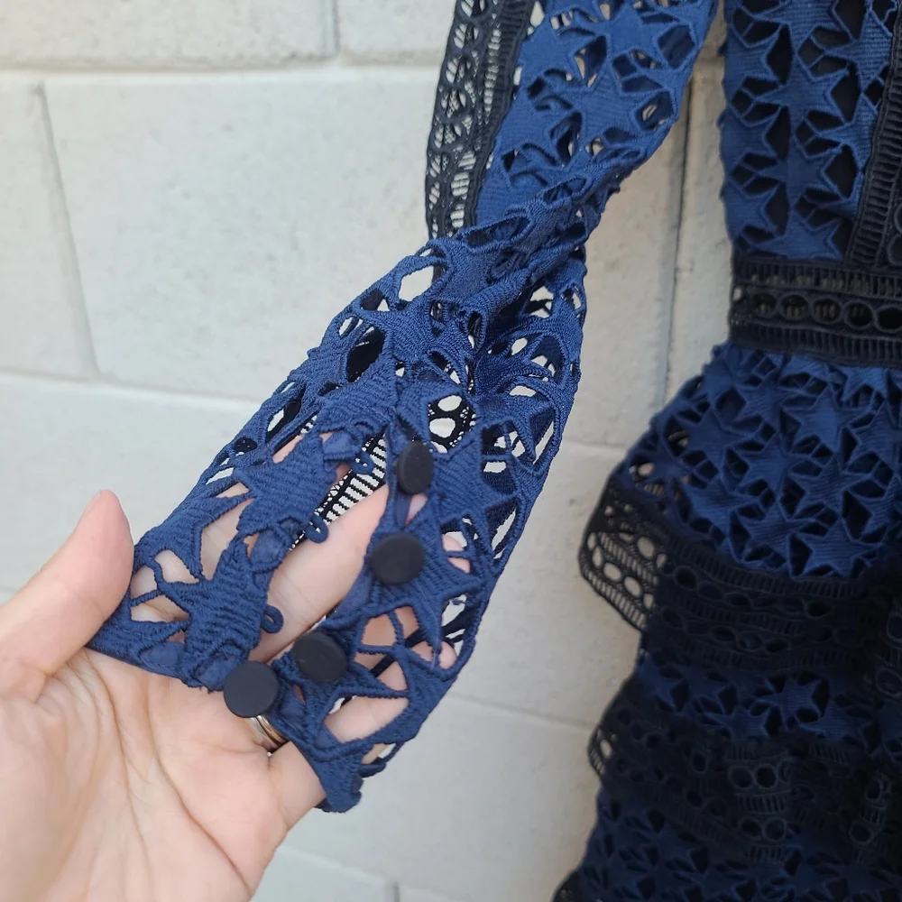 Self Portrait | High Neck Star Lace Panelled Dress in Navy Blue Black Size 0 - Picture 6 of 10